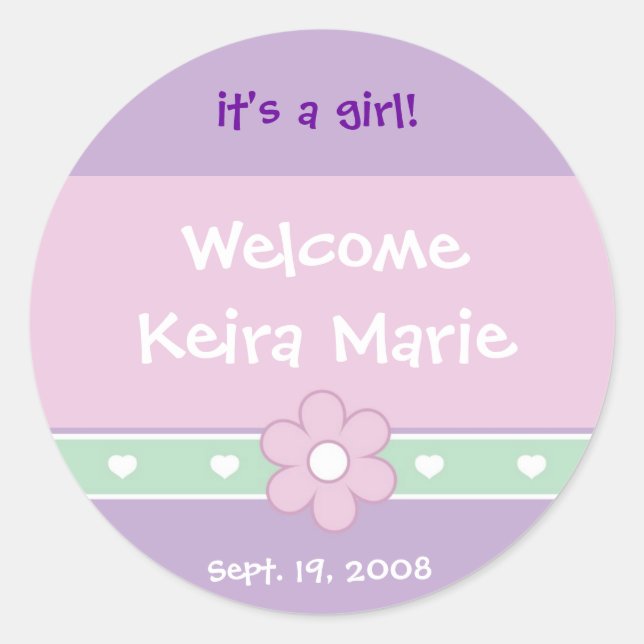 Flowers and Hearts "It's a Girl" Announcement Classic Round Sticker (Front)