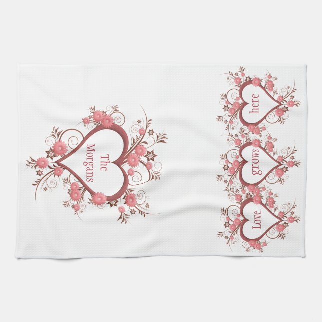 Flowers and Hearts Love Grows Here and Family Name Tea Towel (Horizontal)