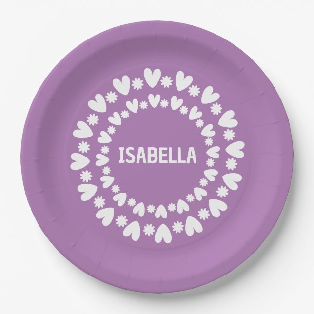 Flowers And Hearts Name Paper Plate (Front)