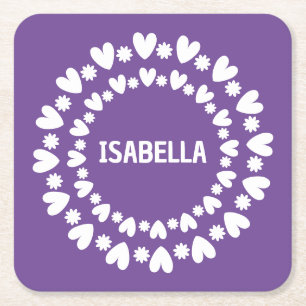 Flowers And Hearts Name Square Paper Coaster