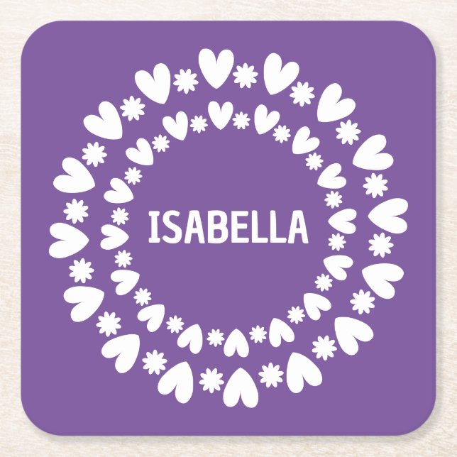 Flowers And Hearts Name Square Paper Coaster (Front)
