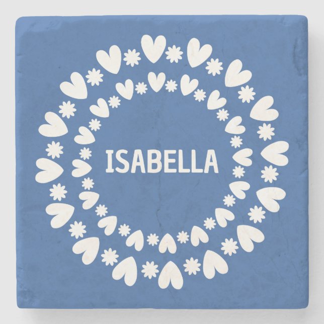 Flowers And Hearts Name Stone Coaster (Front)