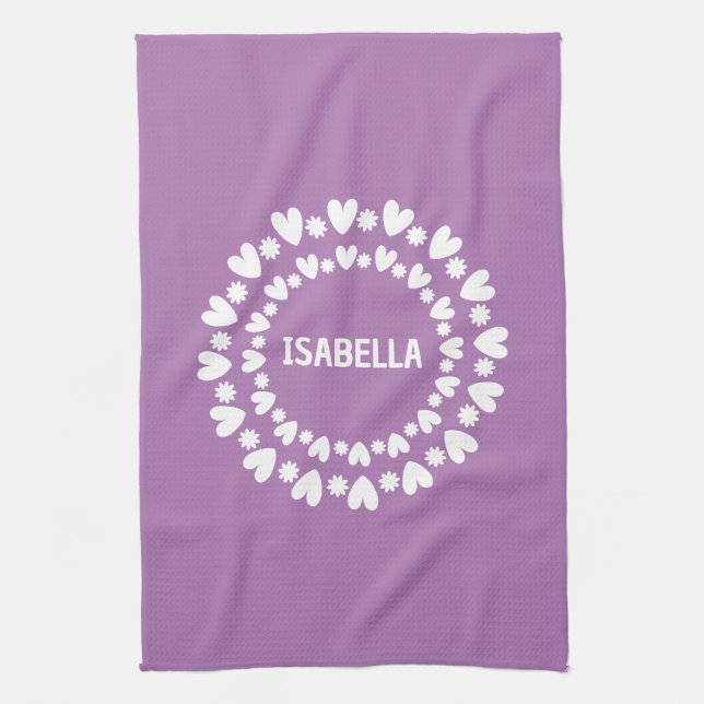 Flowers And Hearts Name Tea Towel (Vertical)