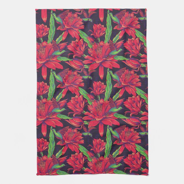 Flowers And Hummingbirds Tea Towel (Vertical)
