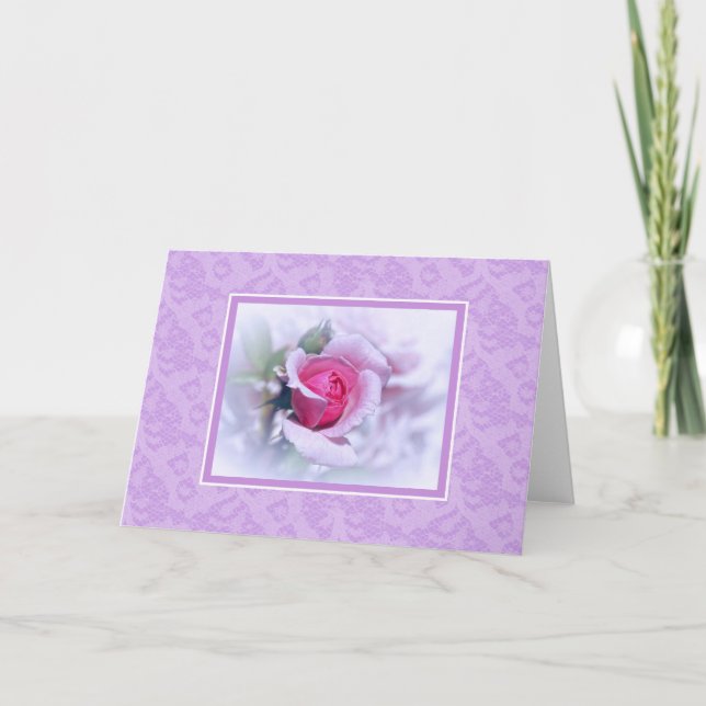 Flowers And Lace Blank Note Card Pretty Pink Rose (Front)