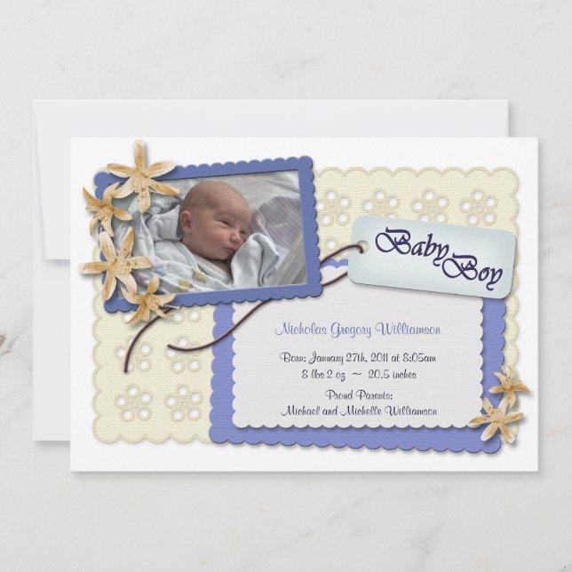 Flowers and Lace Blue Birth Announcements (Front)
