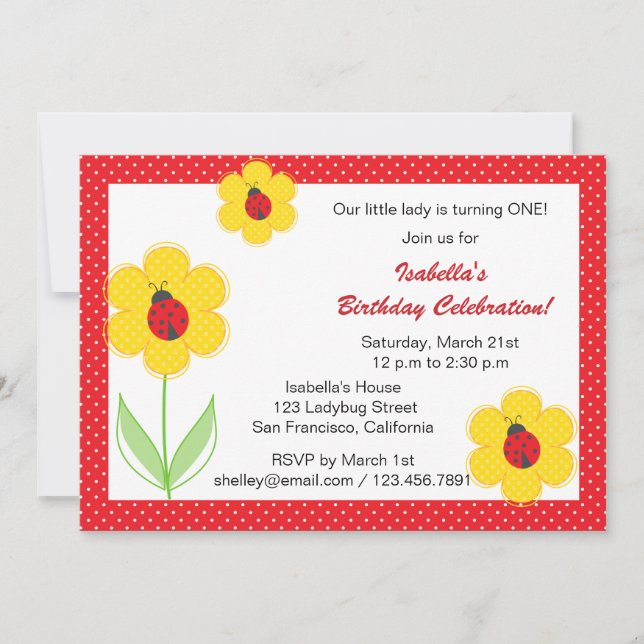 Flowers and ladybug birthday party invitations (Front)