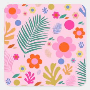 Flowers And Leaves 02 Pink Floral Square Sticker