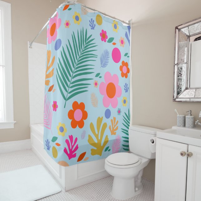 Flowers And Leaves 03 Blue And Pink Shower Curtain (In Situ)