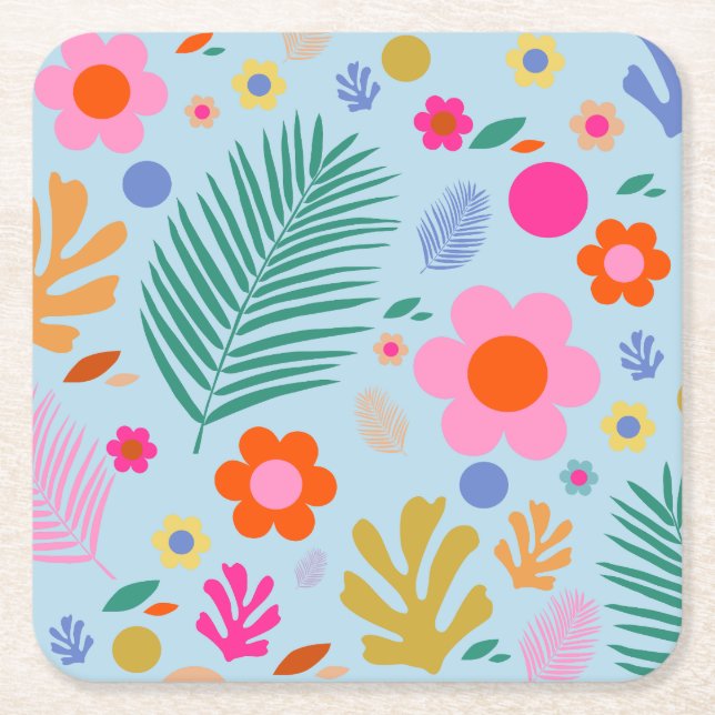 Flowers And Leaves 03 Blue And Pink Square Paper Coaster (Front)