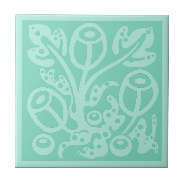 Flowers and leaves in soft mint blue green tile (Front)