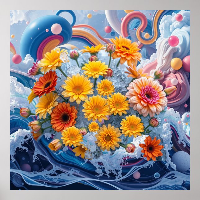 Flowers and Ocean Waves Poster (Front)