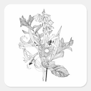 Flowers and palm leaves in sketch style. square sticker