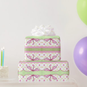 Flowers and Pink Dragonflies Wrapping Paper