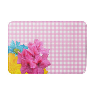 Flowers and Pink Gingham Bath Mat