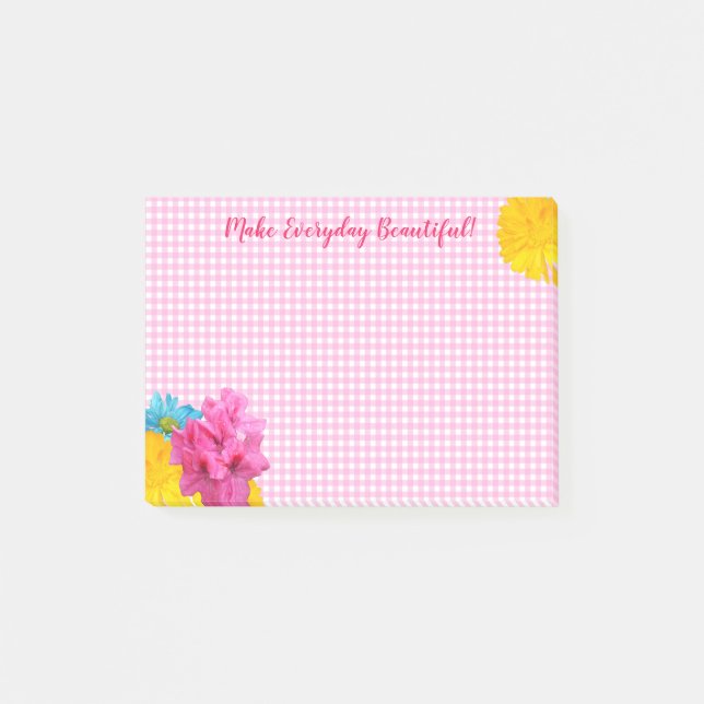 Flowers and Pink Gingham Post-it Notes (Front)