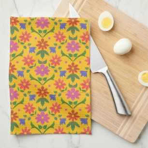 Flowers and Polka Dots on Yellow Kitchen Towel