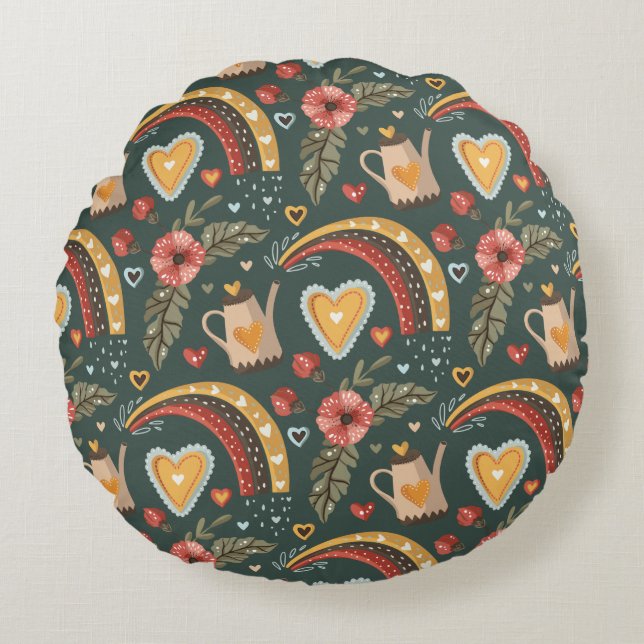 Flowers and Rainbows Boho Pattern Round Cushion (Front)