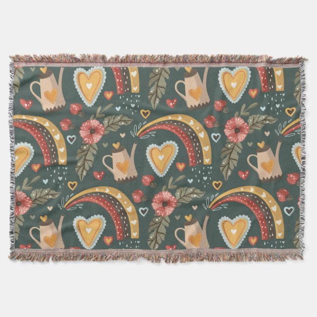 Flowers and Rainbows Boho Pattern Throw Blanket (Front)