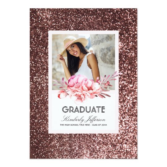 Flowers and Rose Gold Glitter Photo Graduation Card