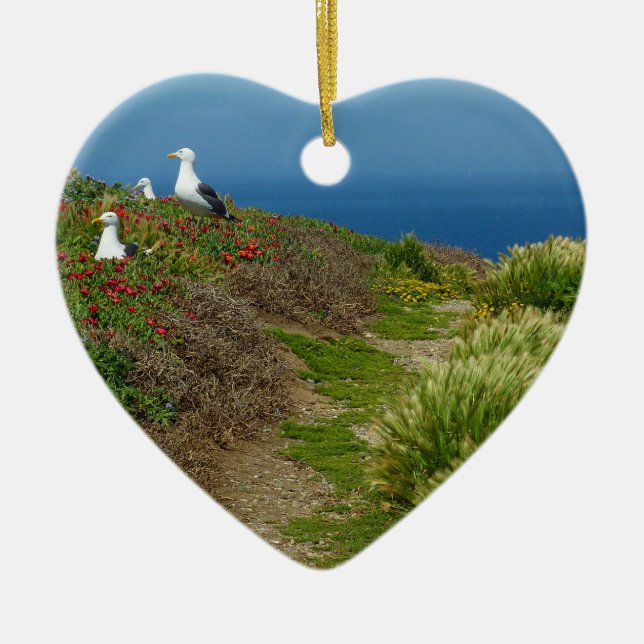 Flowers and Seagulls on Anacapa Island Ceramic Tree Decoration (Front)