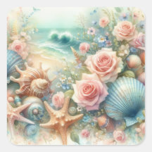 Flowers and seashells watercolor in pastel colours