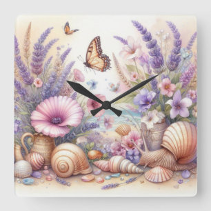 Flowers and seashells watercolor in pastel colours square wall clock