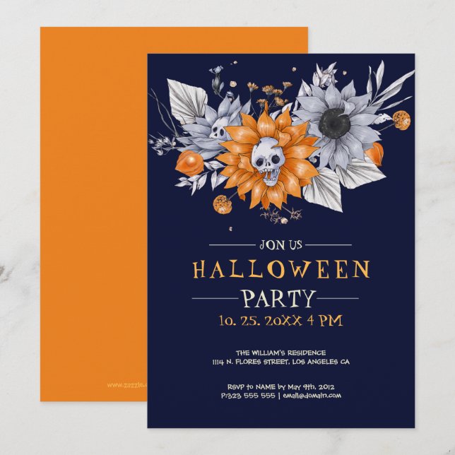 Flowers and skulls Halloween party invite (Front/Back)