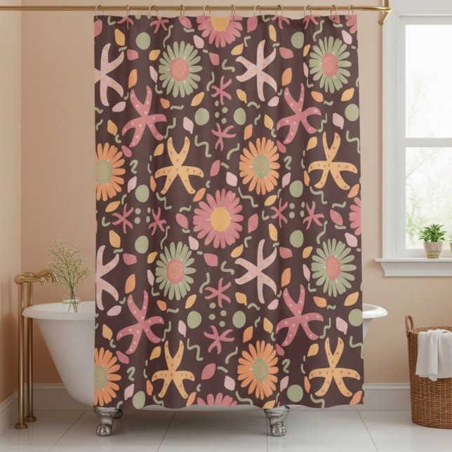 Flowers And Starfish On Chocolate Brown Shower Curtain (Bring a little "beach" home with this chocolate brown starfish and flowers combination. )