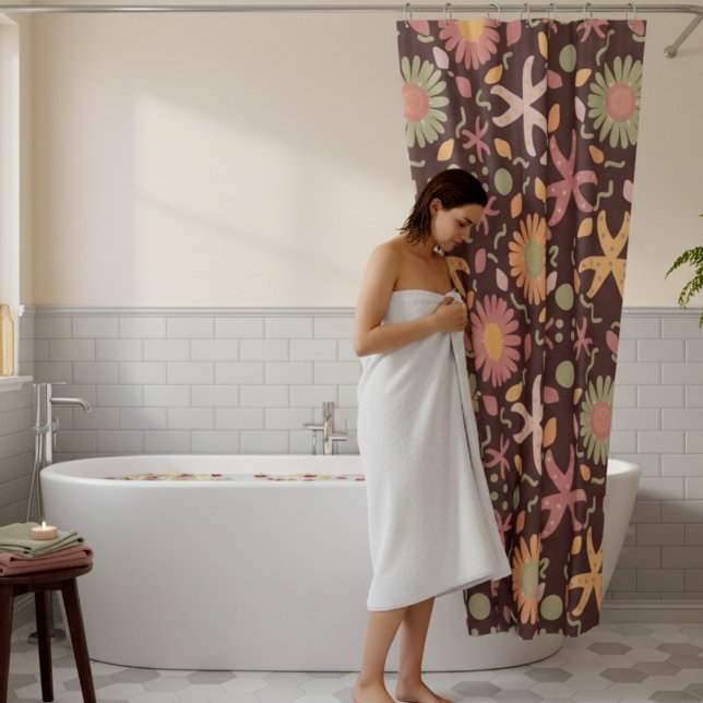 Flowers And Starfish On Chocolate Brown Shower Curtain (It's cute, its playful and totally hand drawn.)