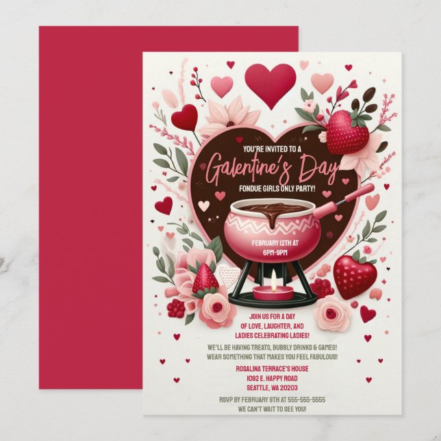 Flowers and Strawberries Galentine's Fondue Party Invitation (Front/Back)