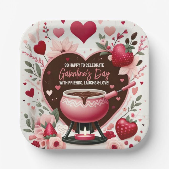 Flowers and Strawberries Galentine's Fondue Party Paper Plate (Front)