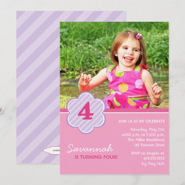 Flowers and Stripes Girls Photo Birthday Invite (Front/Back)