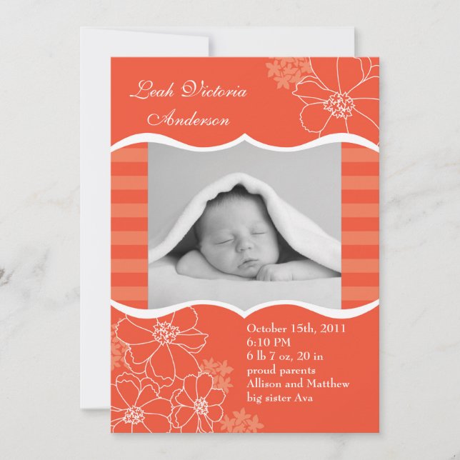 Flowers and Stripes Photo Birth Announcement (Front)