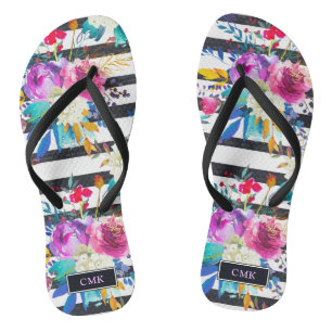 Flowers and Stripes Trendy and Bright Monogram Flip Flops