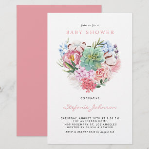 Flowers and Succulent Heart Baby Shower Invitation
