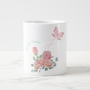 Flowers Art,Wild Rose and Butterfly, Modern Large Coffee Mug