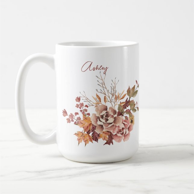 Flowers Autumn Fall Personalised Name Thanksgiving Coffee Mug (Left)