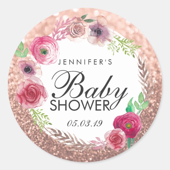 Flowers Baby Shower Pink Rose Gold Glitter Classic Round Sticker (Front)