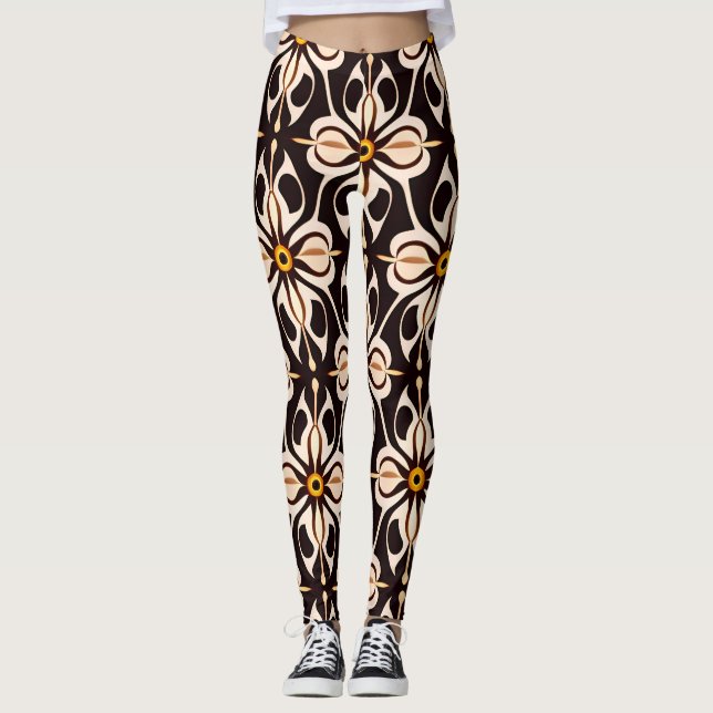 Flowers Batik Yellow Beige Floral Pattern Leggings (Front)