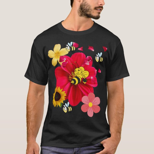 Flowers Bee Funny Retro style Novelty Nature T-Shirt (Front)