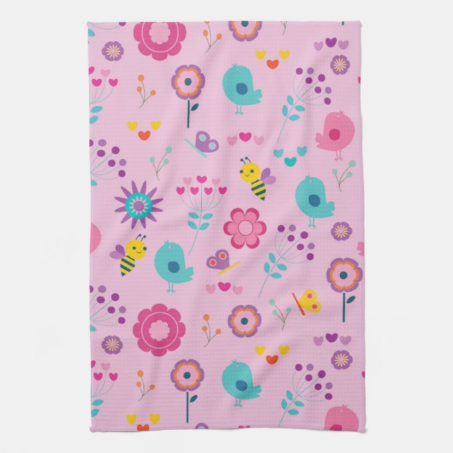 Flowers Bees And Birds Tea Towel (Vertical)