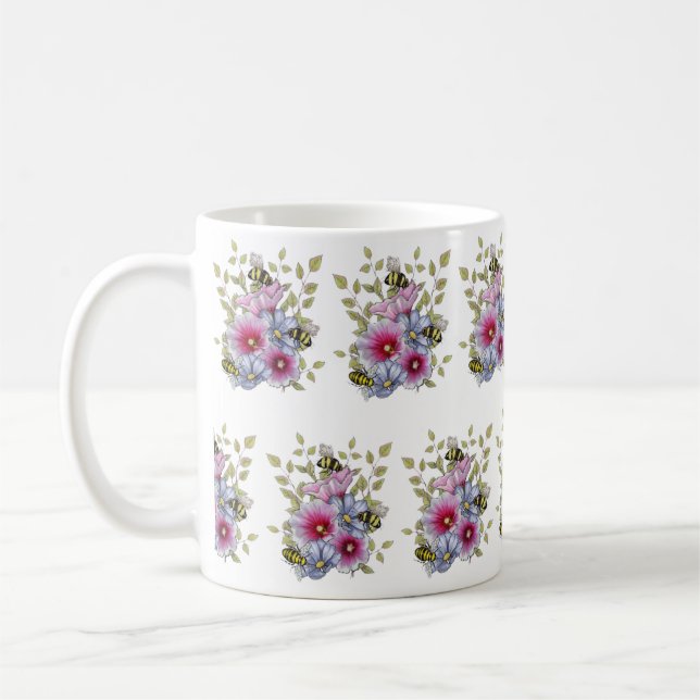 FLOWERS & BEES Digital Drawing, Pink Hollyhocks Coffee Mug (Left)
