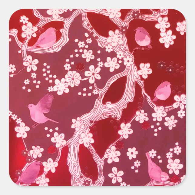 Flowers Bird Cherry Blossoms Blush Pink Square Sticker (Front)