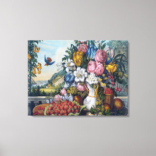 Flowers Bird Fruit Still Life Canvas Print