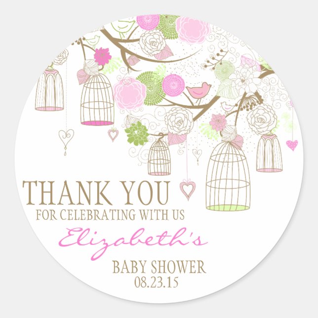 Flowers & Birdcages Thank You Baby Shower Sticker (Front)