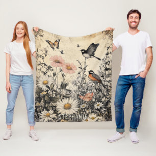 Flowers, Birds & Butterfly on Aged Paper (1) Fleece Blanket