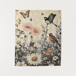 Flowers, Birds & Butterfly on Aged Paper (1) Tapestry