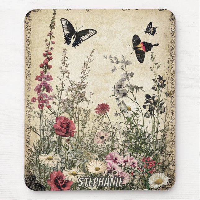 Flowers, Birds & Butterfly on Aged Paper (2) Mouse Mat (Front)