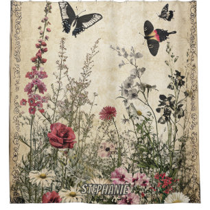 Flowers, Birds & Butterfly on Aged Paper (2) Shower Curtain